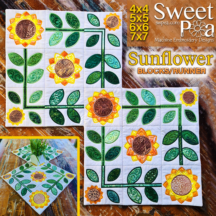 Sunflower Blocks / Runner 4x4 5x5 6x6 7x7 - Sweet Pea Australia In the hoop machine embroidery designs. in the hoop project, in the hoop embroidery designs, craft in the hoop project, diy in the hoop project, diy craft in the hoop project, in the hoop embroidery patterns, design in the hoop patterns, embroidery designs for in the hoop embroidery projects, best in the hoop machine embroidery designs perfect for all hoops and embroidery machines