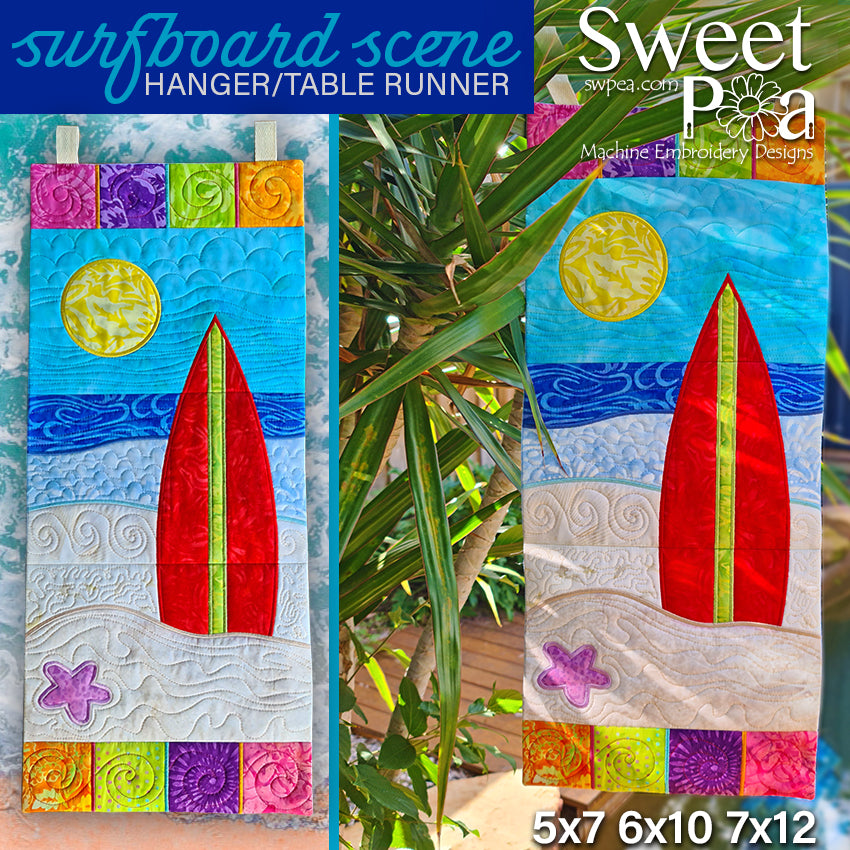 Surfboard Scene Hanger or Runner 5x7 6x10 7x12 - Sweet Pea Australia In the hoop machine embroidery designs. in the hoop project, in the hoop embroidery designs, craft in the hoop project, diy in the hoop project, diy craft in the hoop project, in the hoop embroidery patterns, design in the hoop patterns, embroidery designs for in the hoop embroidery projects, best in the hoop machine embroidery designs perfect for all hoops and embroidery machines