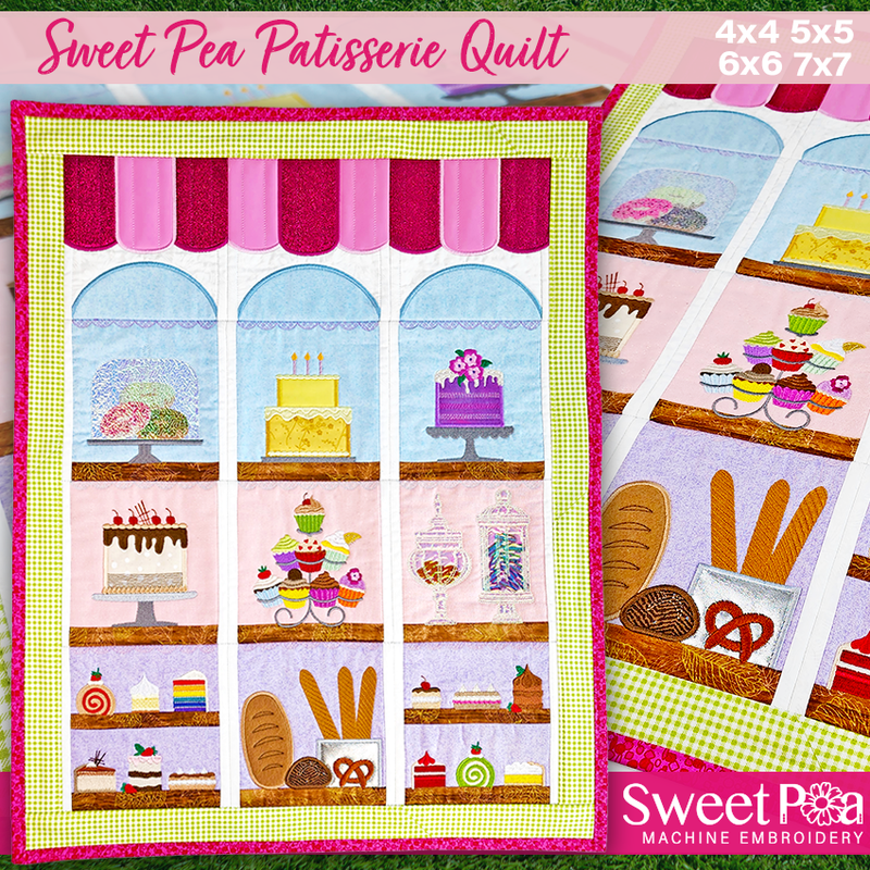 Sweet Pea Patisserie Quilt 4x4 5x5 6x6 7x7 - Sweet Pea In The Hoop Machine Embroidery Design hoop machine embroidery designs, embroidery patterns, embroidery set, embroidery appliqué, hoop embroidery designs, small hoop designs, the best in the hoop machine embroidery designs, the best in the hoop sewing and embroidery designs