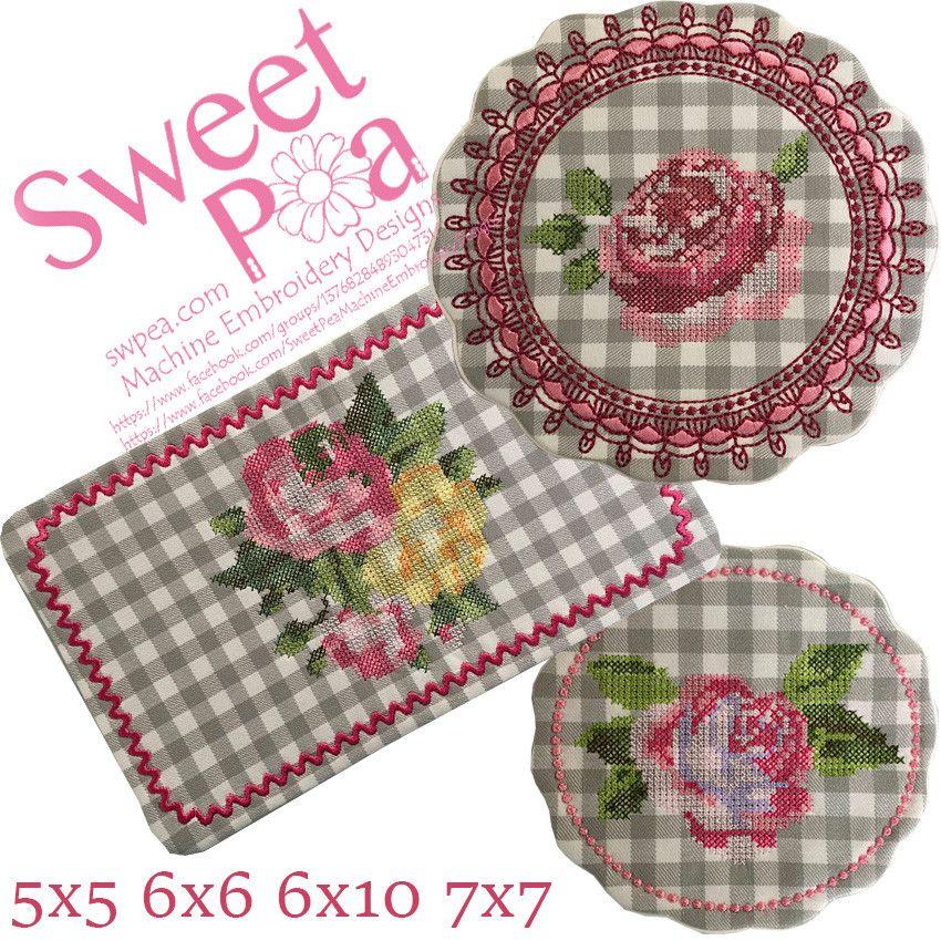 Sweet Roses Cross Stitch Mugrug Set 5x5 6x6 6x10 7x7 - Sweet Pea Australia In the hoop machine embroidery designs. in the hoop project, in the hoop embroidery designs, craft in the hoop project, diy in the hoop project, diy craft in the hoop project, in the hoop embroidery patterns, design in the hoop patterns, embroidery designs for in the hoop embroidery projects, best in the hoop machine embroidery designs perfect for all hoops and embroidery machines