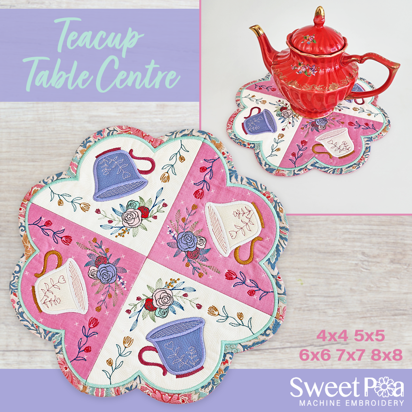 Teacup Table Centre 4x4 5x5 6x6 7x7 8x8 In the hoop machine embroidery designs