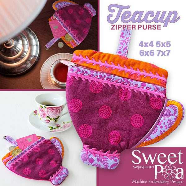 Teacup Zipper Purse 4x4 5x5 6x6 7x7 - Sweet Pea