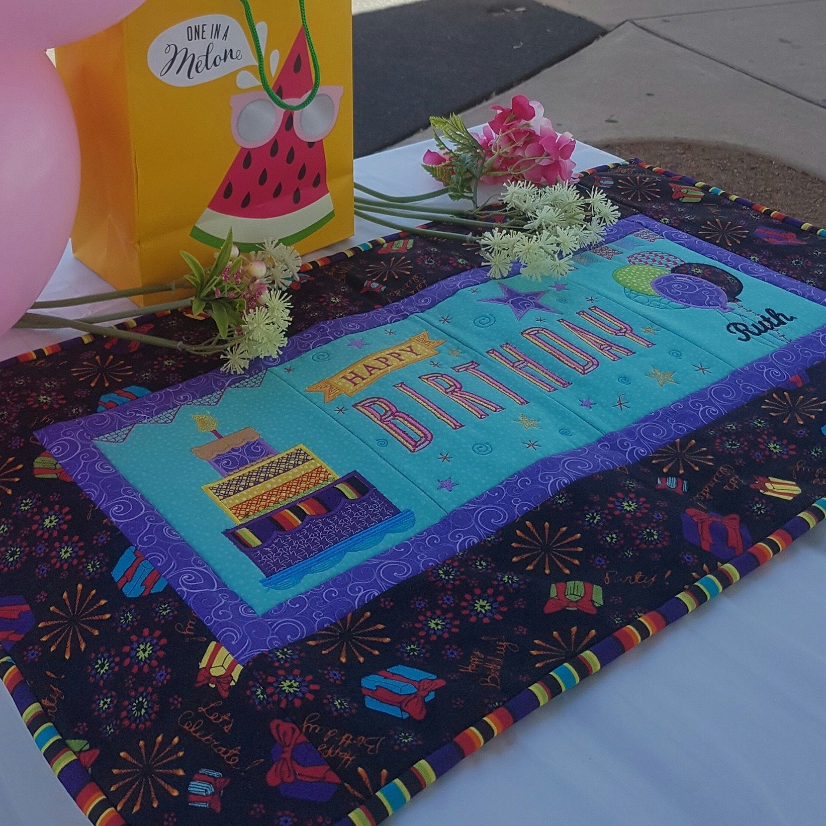 Happy Birthday Table Runner 5x7 6x10 8x12 - Sweet Pea Australia In the hoop machine embroidery designs. in the hoop project, in the hoop embroidery designs, craft in the hoop project, diy in the hoop project, diy craft in the hoop project, in the hoop embroidery patterns, design in the hoop patterns, embroidery designs for in the hoop embroidery projects, best in the hoop machine embroidery designs perfect for all hoops and embroidery machines