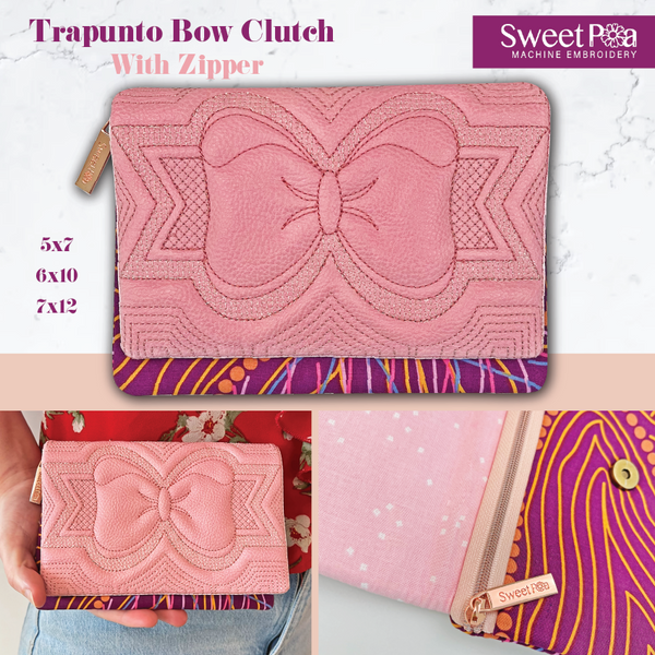 Trapunto Bow Clutch with Zipper 5x7 6x10 7x12 - Sweet Pea In The Hoop Machine Embroidery Design
