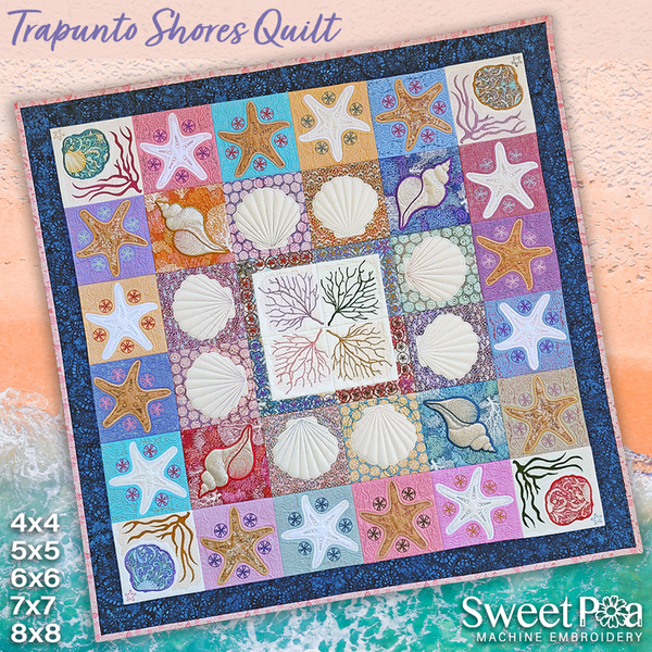 Trapunto Shores Quilt 4x4 5x5 6x6 7x7 8x8 - Sweet Pea In The Hoop Machine Embroidery Design