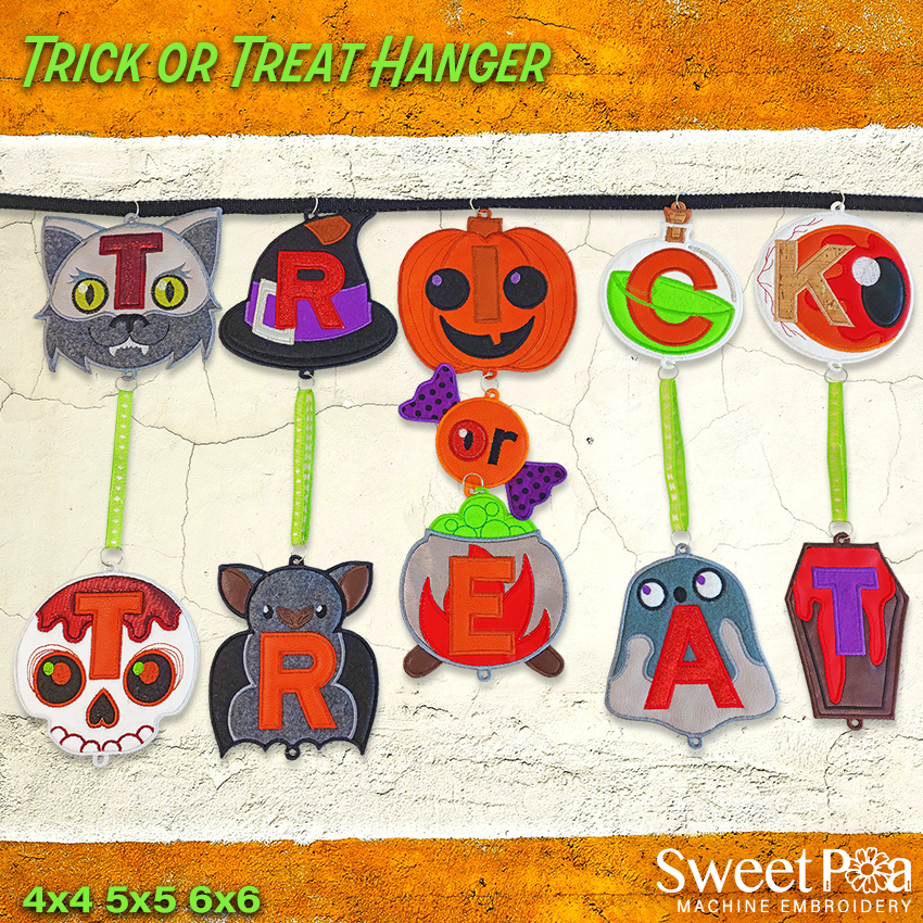 Trick or Treat Hanger 4x4 5x5 6x6 In the hoop machine embroidery designs