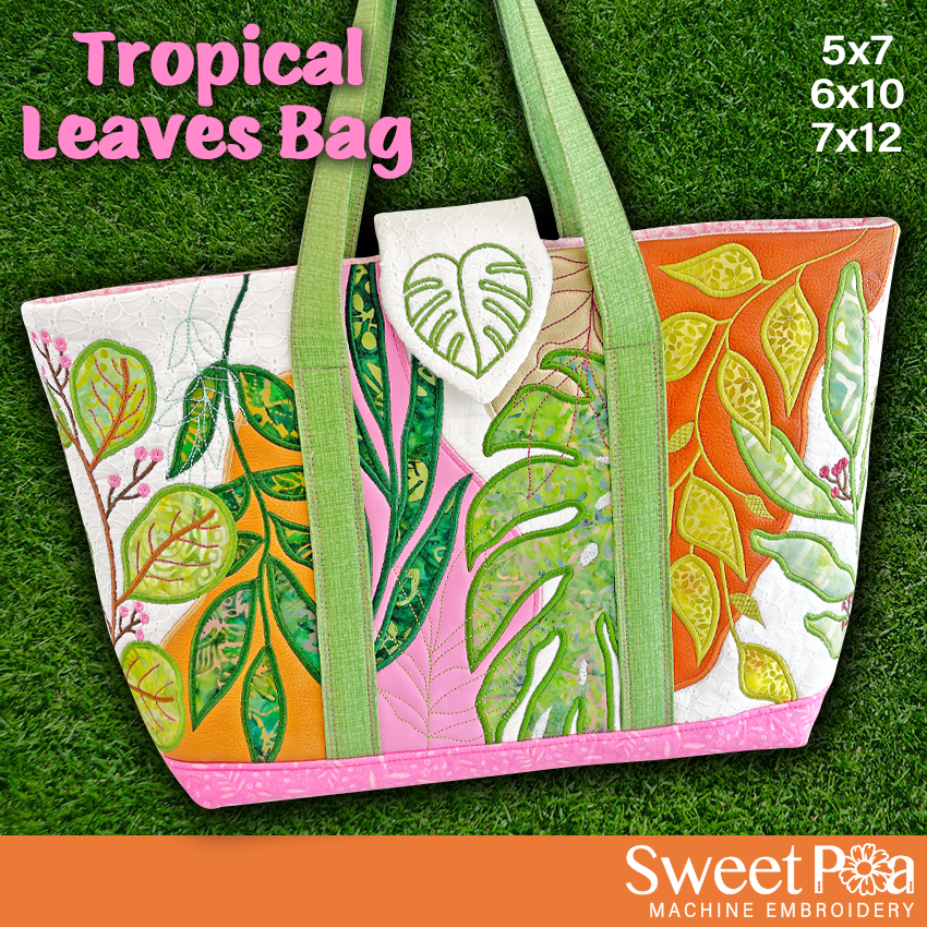 Tropical Leaves Bag 5x7 6x10 7x12 In the hoop machine embroidery designs