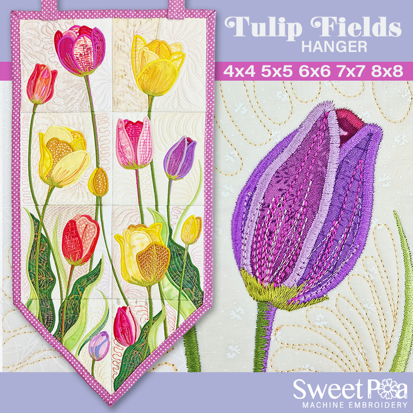 Tulip Fields Hanger 4x4 5x5 6x6 7x7 8x8 - Sweet Pea Australia In the hoop machine embroidery designs. in the hoop project, in the hoop embroidery designs, craft in the hoop project, diy in the hoop project, diy craft in the hoop project, in the hoop embroidery patterns, design in the hoop patterns, embroidery designs for in the hoop embroidery projects, best in the hoop machine embroidery designs perfect for all hoops and embroidery machines