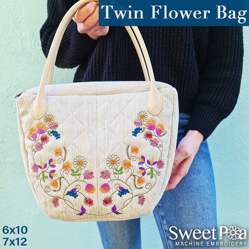 Twin Flower Bag 6x10 7x12 - Sweet Pea Australia In the hoop machine embroidery designs. in the hoop project, in the hoop embroidery designs, craft in the hoop project, diy in the hoop project, diy craft in the hoop project, in the hoop embroidery patterns, design in the hoop patterns, embroidery designs for in the hoop embroidery projects, best in the hoop machine embroidery designs perfect for all hoops and embroidery machines