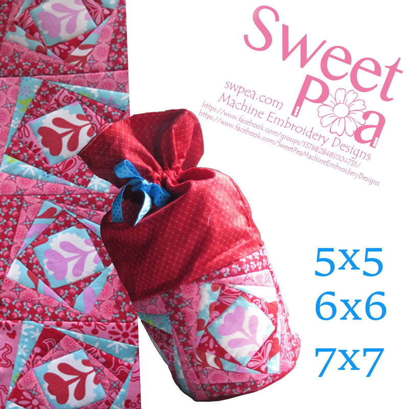 Twisted Log Cabin Drawstring Bag and Quilt Blocks 5x5 6x6 7x7 - Sweet Pea