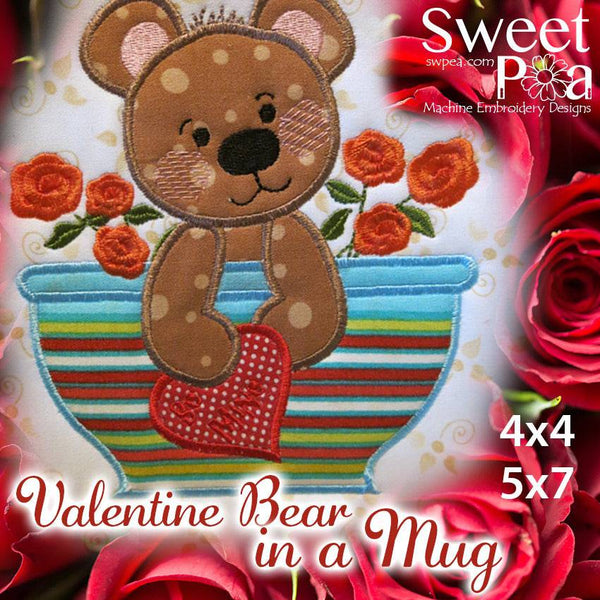Valentines Bear in a mug Applique in the hoop 4x4 and 5x7 machine embroidery design. - Sweet Pea