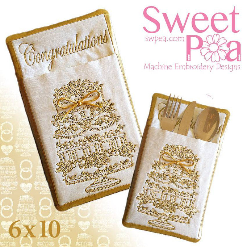 Wedding cake cutlery pocket 6x10 in the hoop machine embroidery design - Sweet Pea