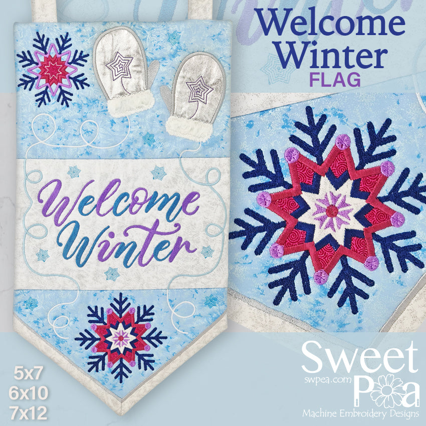 Welcome Winter Flag 5x7 6x10 7x12 - Sweet Pea Australia In the hoop machine embroidery designs. in the hoop project, in the hoop embroidery designs, craft in the hoop project, diy in the hoop project, diy craft in the hoop project, in the hoop embroidery patterns, design in the hoop patterns, embroidery designs for in the hoop embroidery projects, best in the hoop machine embroidery designs perfect for all hoops and embroidery machines