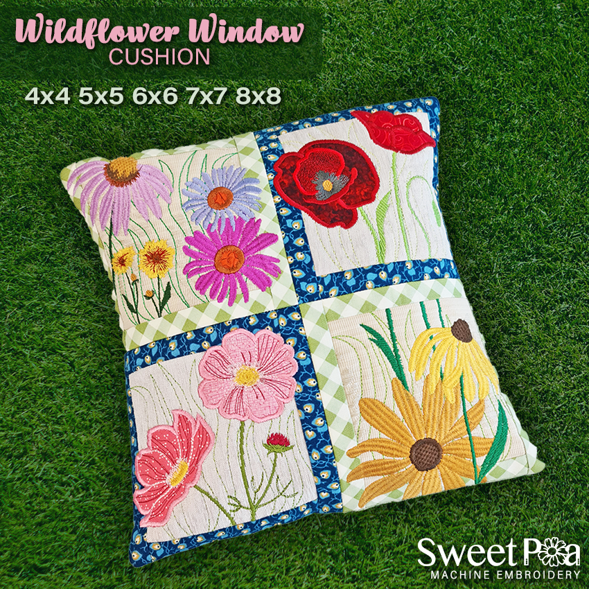 Wildflower Window Cushion 4x4 5x5 6x6 7x7 8x8 - Sweet Pea Australia In the hoop machine embroidery designs. in the hoop project, in the hoop embroidery designs, craft in the hoop project, diy in the hoop project, diy craft in the hoop project, in the hoop embroidery patterns, design in the hoop patterns, embroidery designs for in the hoop embroidery projects, best in the hoop machine embroidery designs perfect for all hoops and embroidery machines