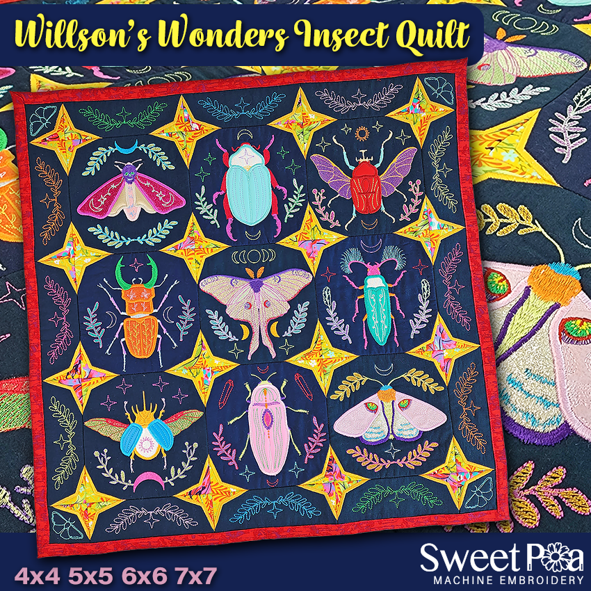 Willson's Wonders Insect Quilt 4x4 5x5 6x6 7x7 In the hoop machine embroidery designs