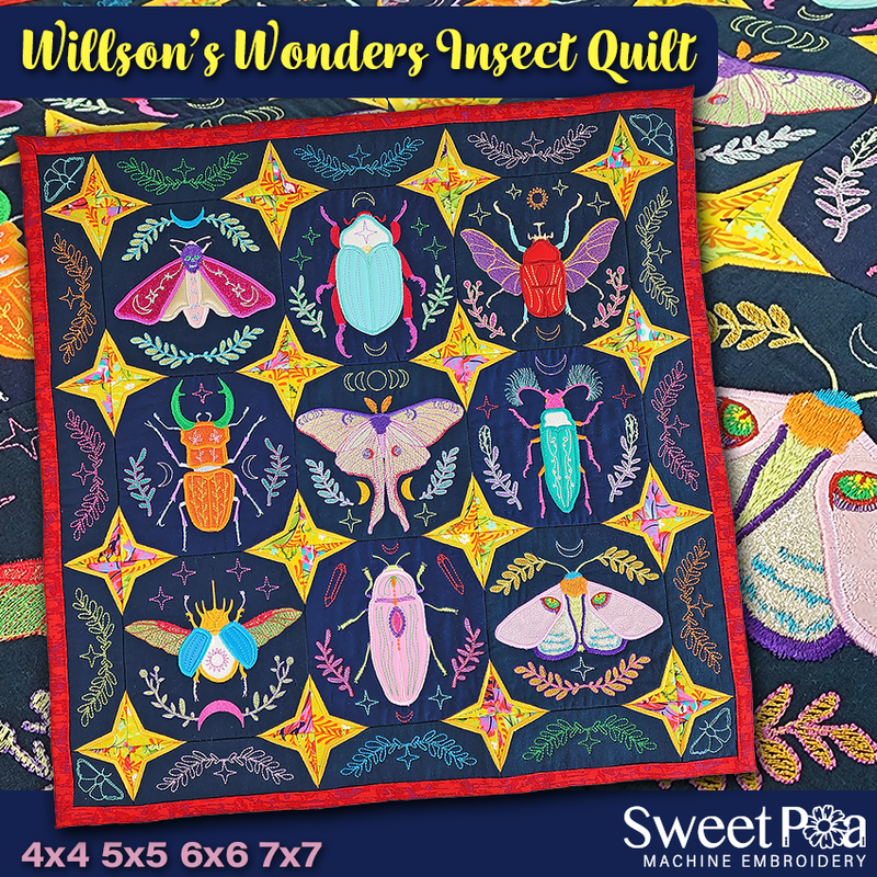 Willson's Wonders Insect Quilt 4x4 5x5 6x6 7x7 - Sweet Pea In The Hoop Machine Embroidery Design hoop machine embroidery designs, embroidery patterns, embroidery set, embroidery appliqué, hoop embroidery designs, small hoop designs, the best in the hoop machine embroidery designs, the best in the hoop sewing and embroidery designs