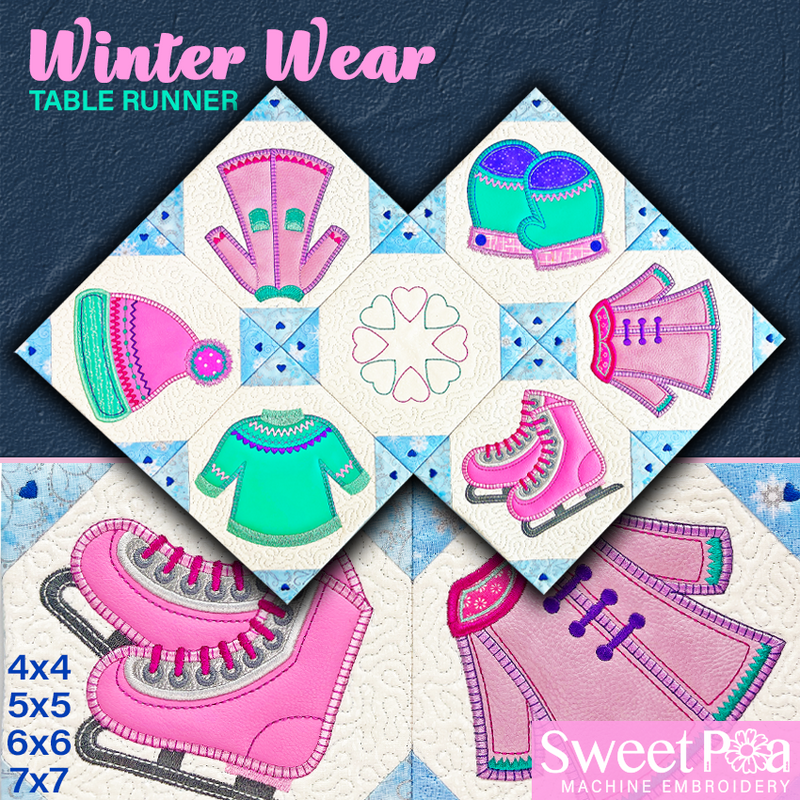 Winter Wear Table Runner 4x4 5x5 6x6 7x7 - Sweet Pea In The Hoop Machine Embroidery Design hoop machine embroidery designs, embroidery patterns, embroidery set, embroidery appliqué, hoop embroidery designs, small hoop designs, the best in the hoop machine embroidery designs, the best in the hoop sewing and embroidery designs