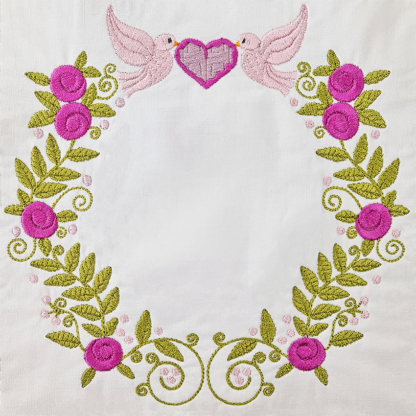 Dove & Flower Embroidery (Wreath, Borders & Corners) - Sweet Pea Australia In the hoop machine embroidery designs. in the hoop project, in the hoop embroidery designs, craft in the hoop project, diy in the hoop project, diy craft in the hoop project, in the hoop embroidery patterns, design in the hoop patterns, embroidery designs for in the hoop embroidery projects, best in the hoop machine embroidery designs perfect for all hoops and embroidery machines