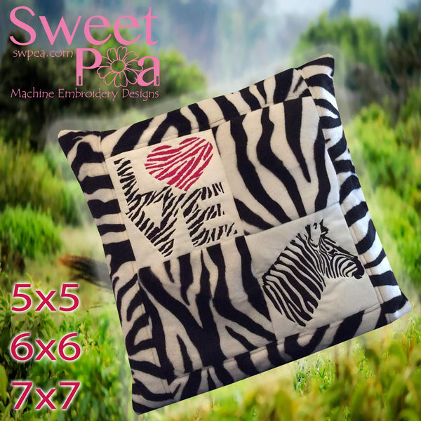 Zebra cushion 5x5 6x6 7x7 in the hoop machine embroidery design - Sweet Pea