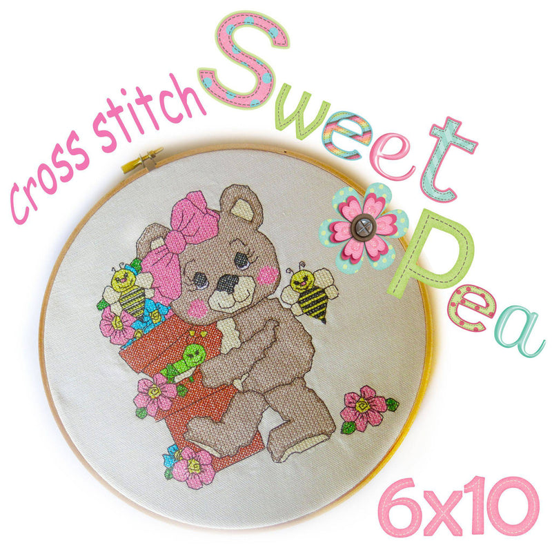 Bears with Potted Flowers Cross Stitch in the 6x10 hoop - Sweet Pea