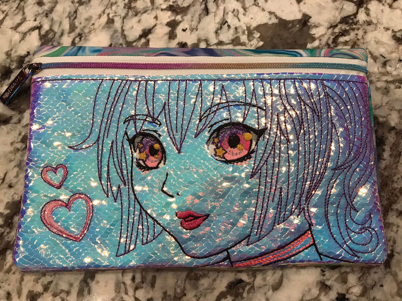 Anime Inspired Cosmetic Bag 5x7 6x10 8x12 9.5x14 - Sweet Pea In The Hoop Machine Embroidery Design
