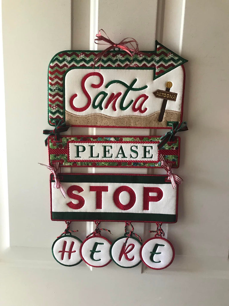 Santa Please Stop Here Hanger 5x7 6x10 7x12 - Sweet Pea In The Hoop Machine Embroidery Design